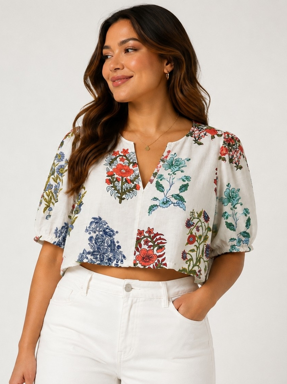 CeCe White Floral V-Neck Cropped Top